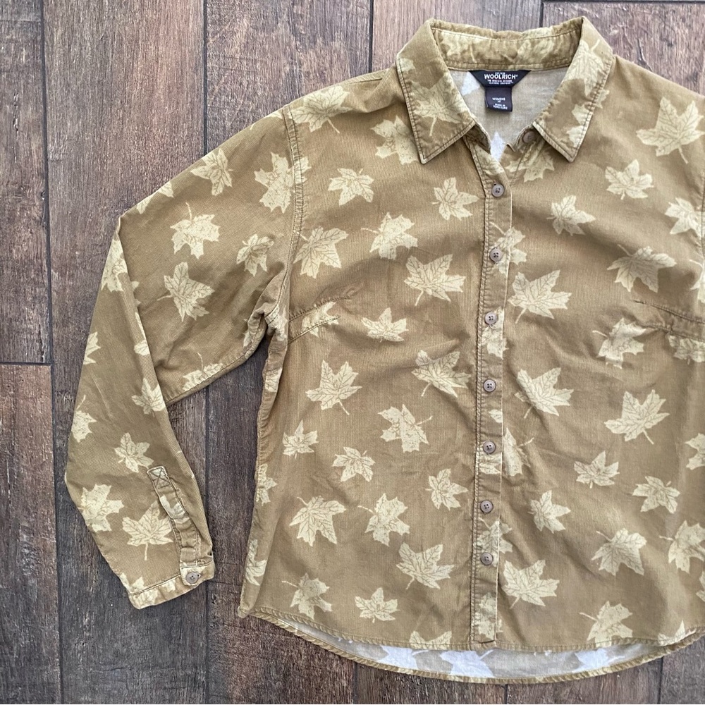 vintage woolrich micro corduroy autumn leaves earthy green button down shirt